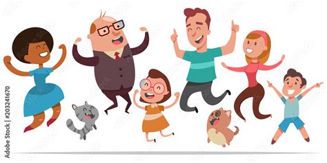 Happy people jumping for joy. Vector cartoon character of joyful men, women, children, dogs and ...