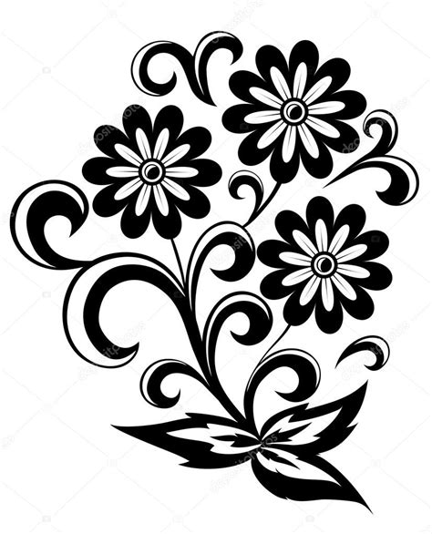 Black and white abstract flower with leaves and swirls isolated on white background Stock Vector ...