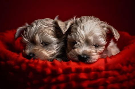 Premium AI Image | Two puppies sleeping in a red basket