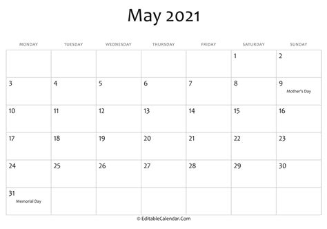 May 2021 Printable Calendar with Holidays