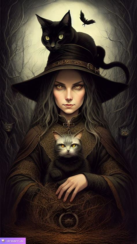 a woman holding a cat and wearing a witches hat with a black cat on her shoulder