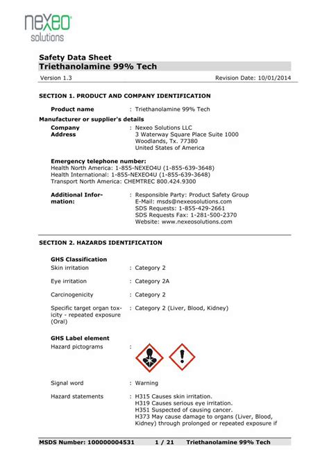 (PDF) Safety Data Sheet Triethanolamine 99% Techhillbrothers.com/pdf/downloads/msds/sds/n ...