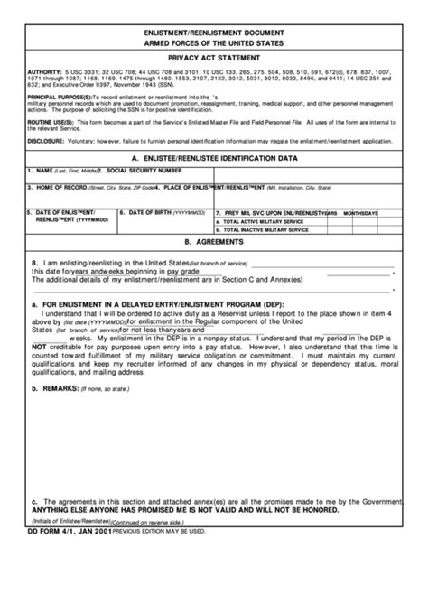 Fillable Dd Form 4/1 - Enlistment/reenlistment Document Armed Forces Of ...