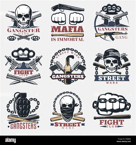 Nine isolated mafia and gangster emblems set with various symbols of ...