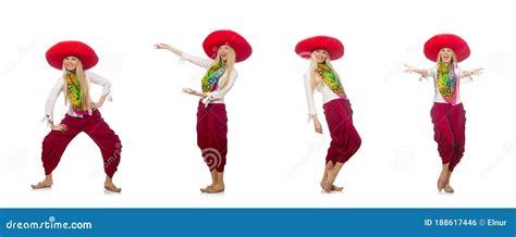 Mexican Girl with Sombrero Dancing on White Stock Photo - Image of ...