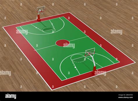 Basketball court with wooden floor, 3d rendering. Computer digital ...