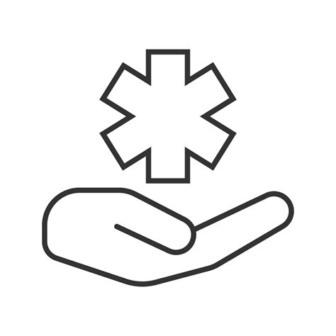 Open hand with star of life linear icon. Thin line illustration. Medical services. Health care ...