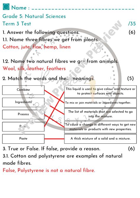 Grade 5 Natural science test term 3 • Teacha!