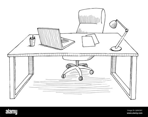 Office table graphic black white interior sketch isolated illustration vector Stock Vector Image ...