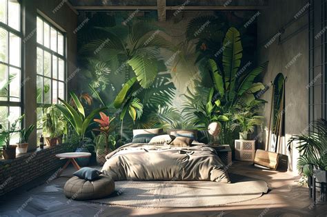 Premium Photo | Urban jungle bedroom with jungle mural accent wall