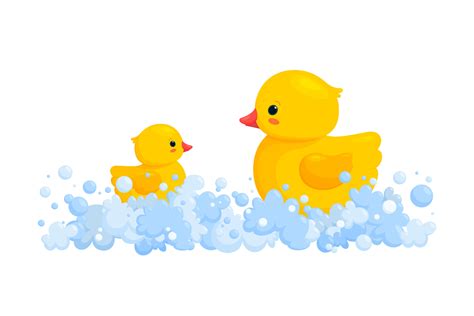 Rubber duck family in soap foam isolated in white background. Side view ...