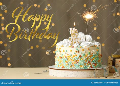 Happy Birthday! Beautiful Cake with Festive Decor on White Table Stock Image - Image of blurred ...