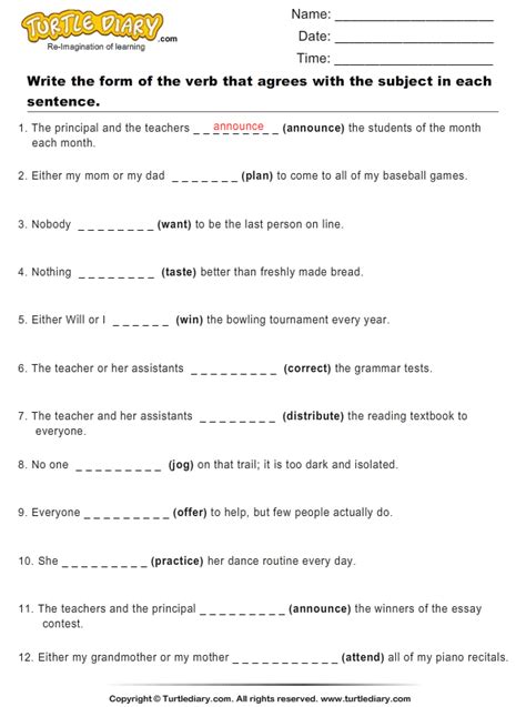 Write the Form of the Verb that Agrees with the Subject in each Sentence Worksheet - Turtle Diary