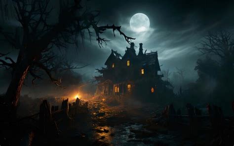 Premium AI Image | Scary spooky castle in night of full moon and bats flying Halloween concept