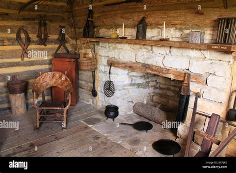 Interior of log cabin at Old Fort Harrod State Park Harrodsburg ...