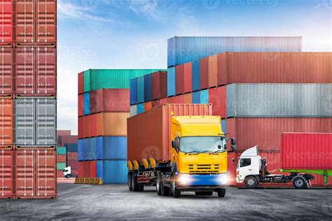 Transport of container truck at shipping depot dock yard background ...