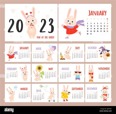 Annual monthly calendar 2023 with cute rabbit, Easter bunny, halloween. Planner organizer 12 A4 ...