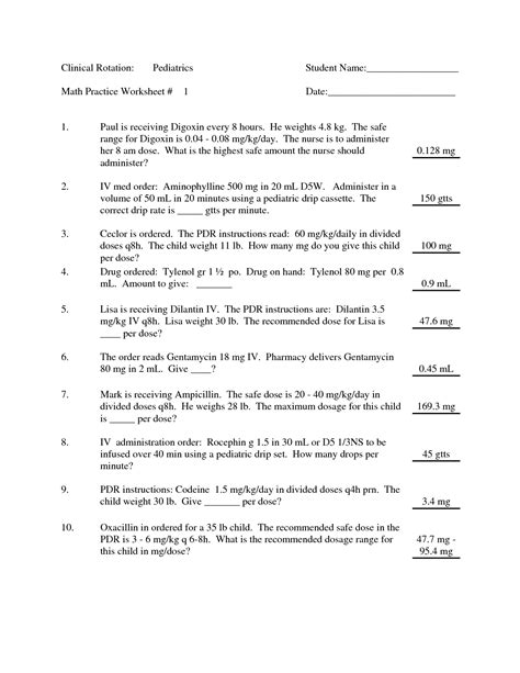 Weight Based Dosage Calculations Worksheets