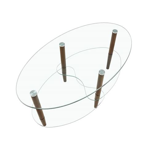 Transparent Oval Glass Coffee Table, Modern Table In Living Room Oak Wood Leg Tea Table 3-Layer ...
