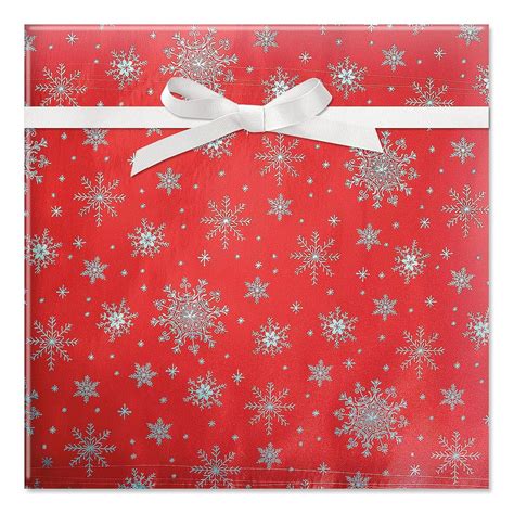 Silver Snowflakes on Red Foil Christmas Rolled Gift Wrap - 1 Giant Roll, 23 Inches Wide by 20 ...