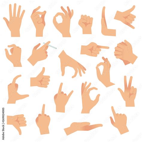 Flat hand gestures. Pointing human finger gesture, open hand signal. Arm communication attention ...