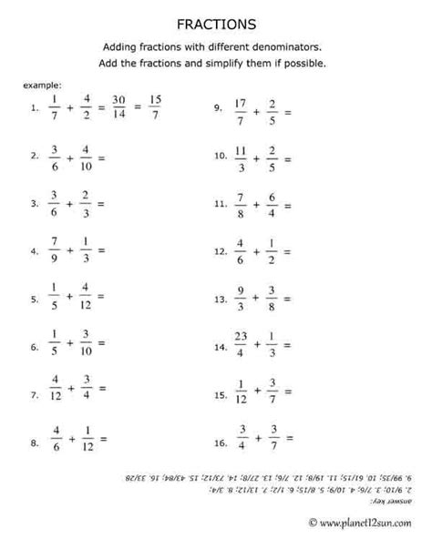 Different Denominators - Add Fractions - bluebirdplanet.com PRINTABLES