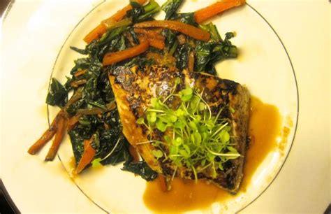 Seared Striped Sea Bass with Miso-Soy Marinade and Braised Winter Greens - Dr. P.K. Newby