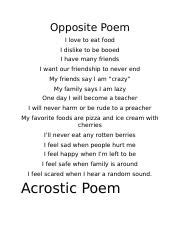 Opposite Poem.docx - Opposite Poem I love to eat food I dislike to be ...