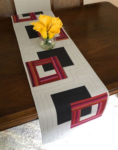 Modern Quilted Table Runner, Grey and Burgundy Wallhanging, Reversible Tablerunner, Modern Table ...