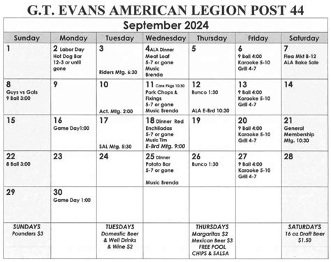 American Legion Calendar Of Events - Good calendar idea