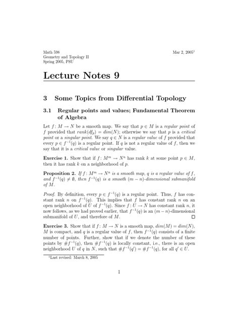 Lecture Notes 9: 3 Some Topics From Differential Topology | PDF | Differentiable Manifold | Manifold