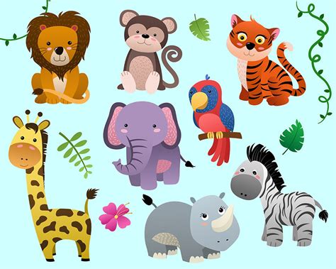 Cute Jungle Animals Clip Art Set of 14 PNG JPG and Vector | Etsy