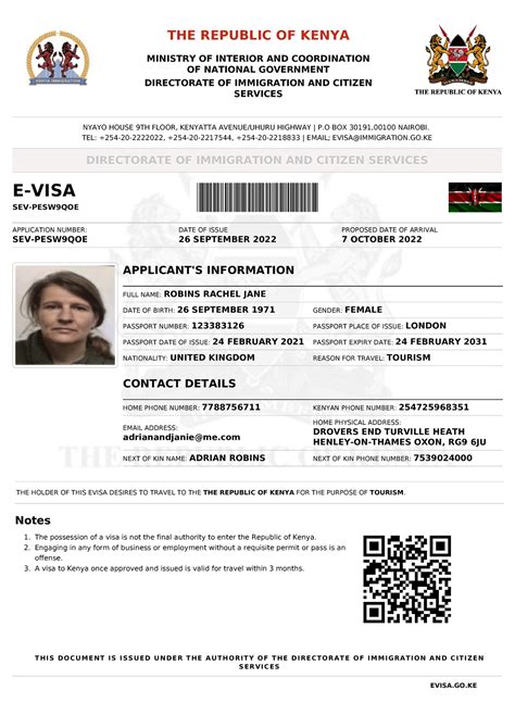 SEV-PESW9QOE-e Visa C2 - THE REPUBLIC OF KENYA MINISTRY OF INTERIOR AND COORDINATION OF NATIONAL ...