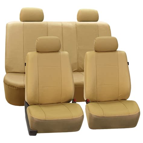 FH Group Beige Deluxe Faux Leather Airbag Compatible and Split Bench Car Seat Covers, 4 Headrest ...