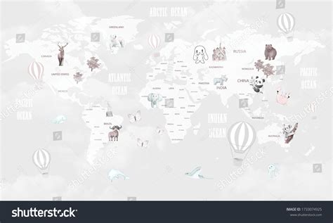 Animals World Map Kids Wallpaper Design Stock Illustration 1733074925 | Shutterstock