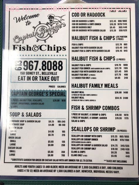 Menu at Captain George's Fish and Chips restaurant, Belleville