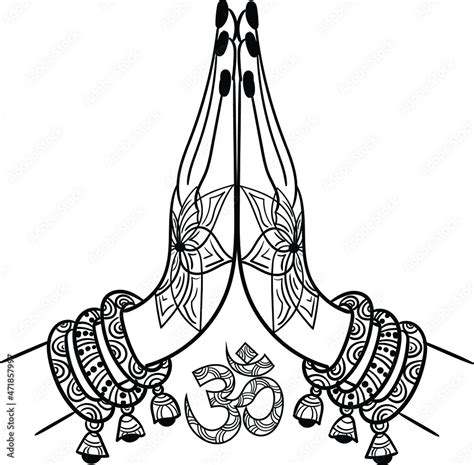 INDIAN WEDDING SYMBOL WOMEN HAND WELCOMING WITH OM VECTOR LINE ART CLIP ART VECTOR ILLUSTRATION ...