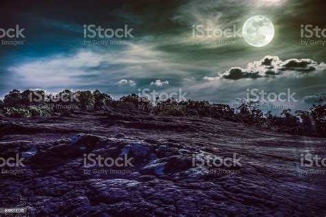 Landscape Of Night Sky With Full Moon Serenity Nature Background Stock ...