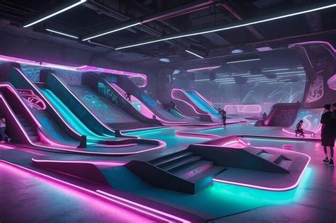 Premium Photo | A futuristic skate park with neon ramps and holographic obstacles