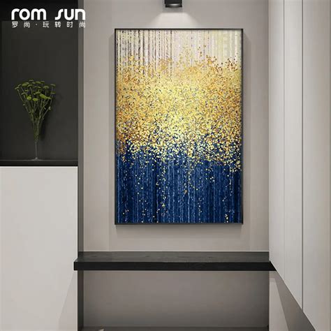 Abstract Bright gold drop blue and grey Canvas Art Modern Painting Poster Print For LivingRoom ...