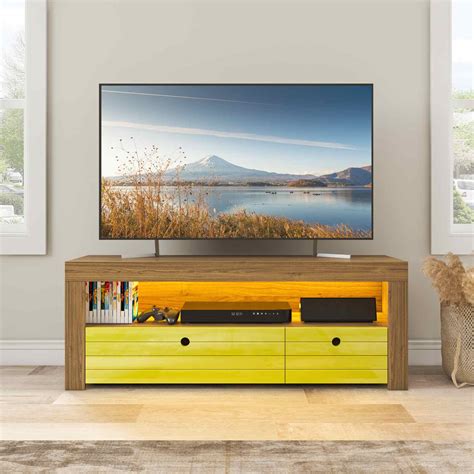 High Gloss Tv Stand Yellow Modern With Led Light 4-shelf Bookshelves Console Cabinet Home Tv ...