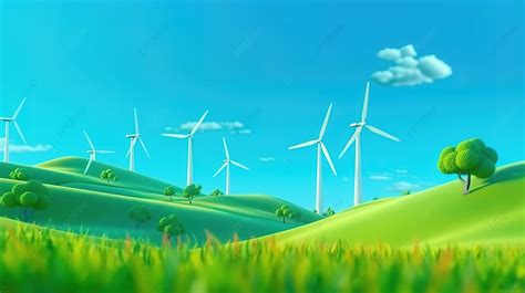 Cartoon Style 3d Rendering Green Field Mountain And Blue Sky With Wind Turbine Background, Green ...
