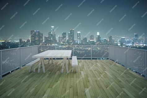 Premium Photo | Wooden balcony night city view