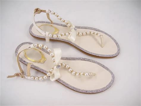 Free Shopping/Rhinestones Bridal Sandals/ Flat Wedding Shoes/ Ivory Pearls Sandals/Flat Beaded ...