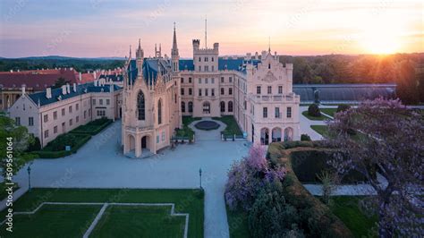 Aerial, panoramic view of Lednice Castle, Moravia, Czechia. Famous tourist spot. Fairytale ...