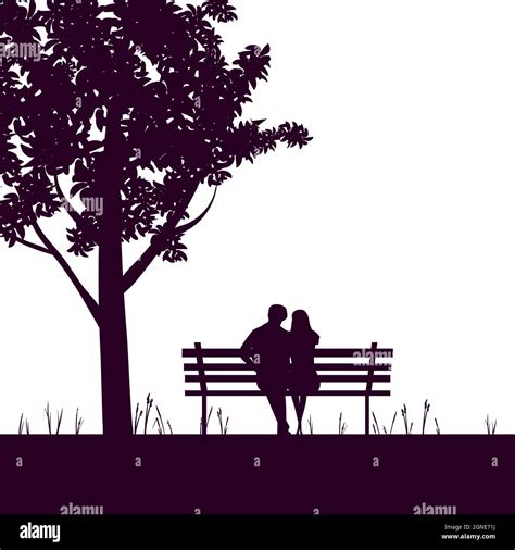 Couple lovers on bench in park, under tree. Vector illustration silhouette Stock Vector Image ...