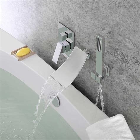 Luxury Modern Waterfall Spout Wall-Mount Tub Filler Faucet Single Handle & Handshower in Chrome ...