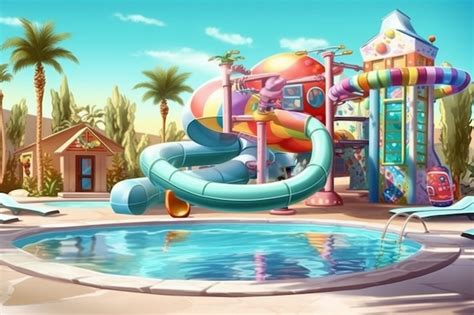 Premium Photo | Cartoon illustration of a water slide in a pool with a water slide generative ai