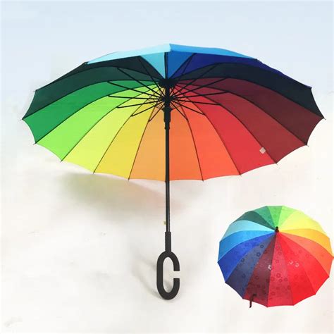 Rainbow Umbrella Rain Women and Men Long C G Handle Folding Umbrellas ...