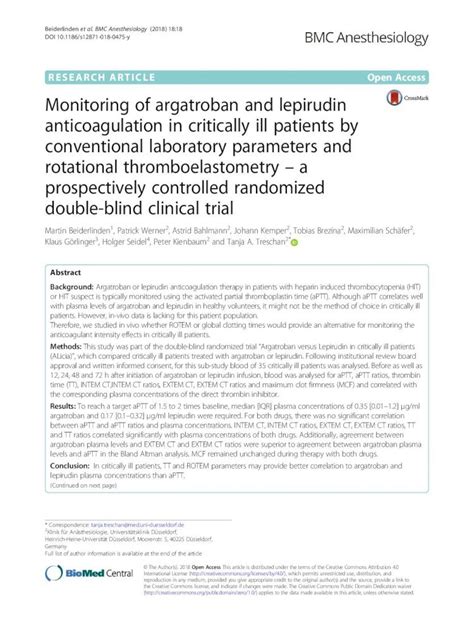 (PDF) Monitoring of argatroban and lepirudin anticoagulation in ...